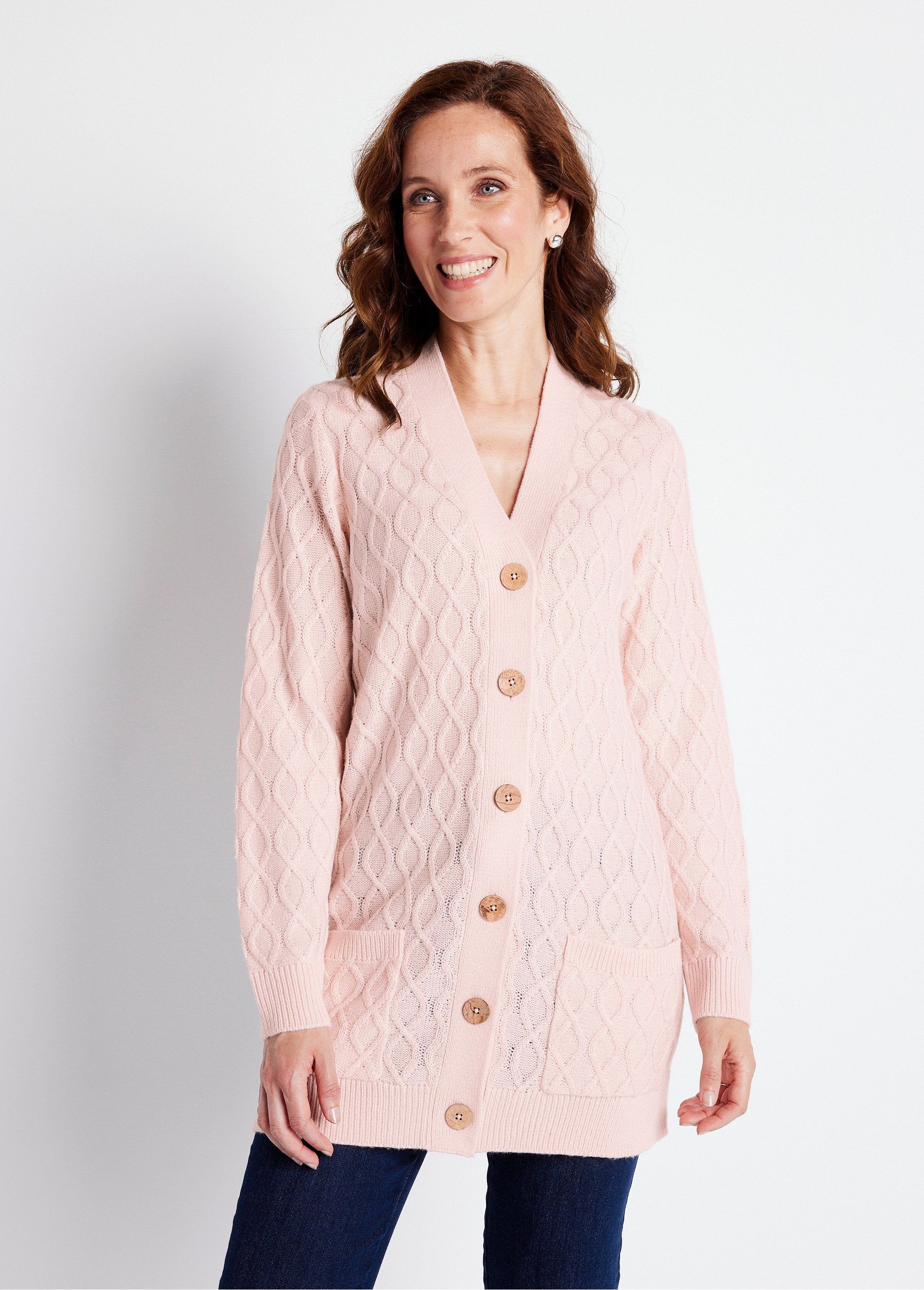 Long buttoned cable-knit V-neck cardigan Pink Afibel