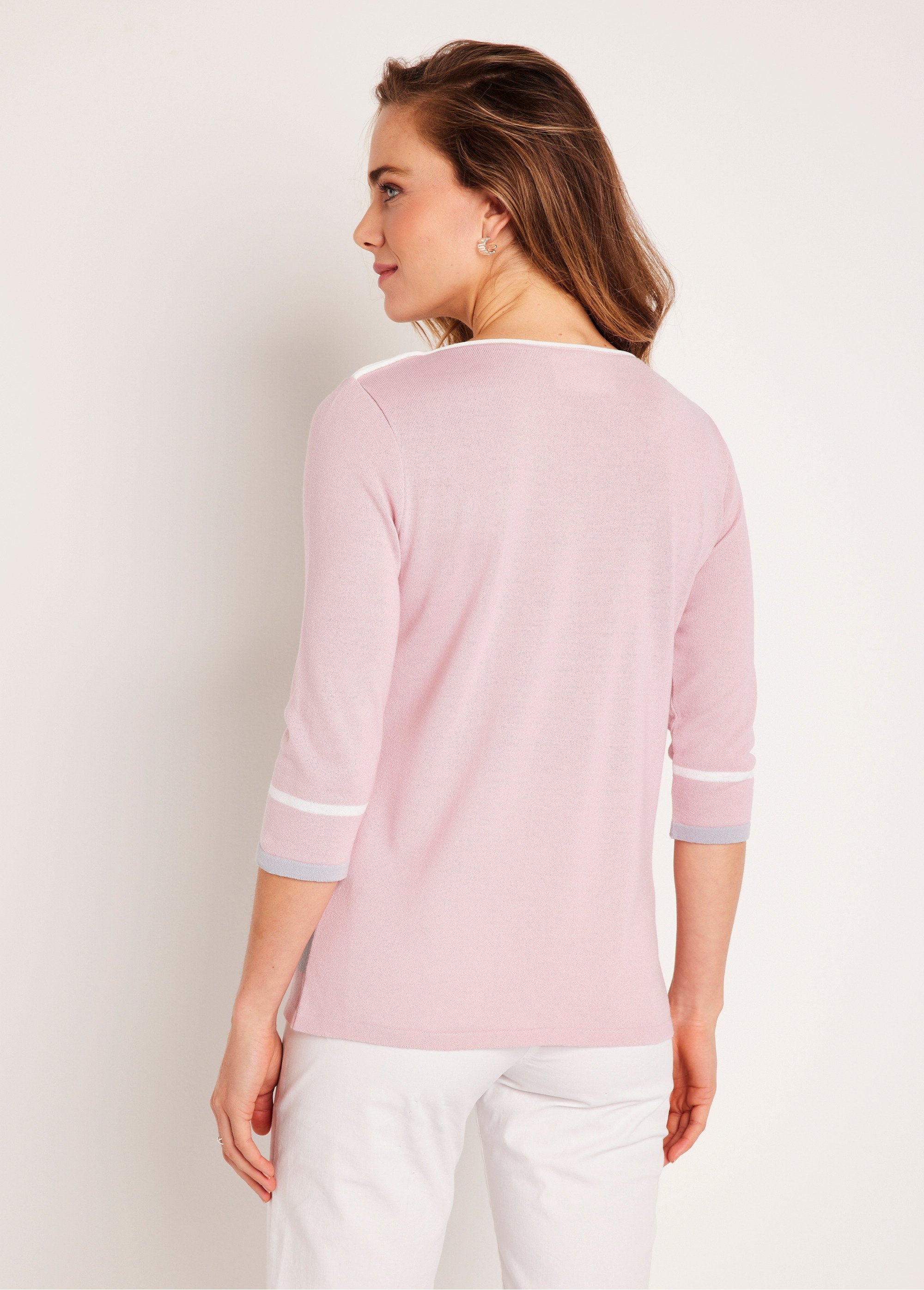 3/4_sleeve_boat_neck_sweater_with_striped_jacquard_front_Pink_and_gray_DO1_slim