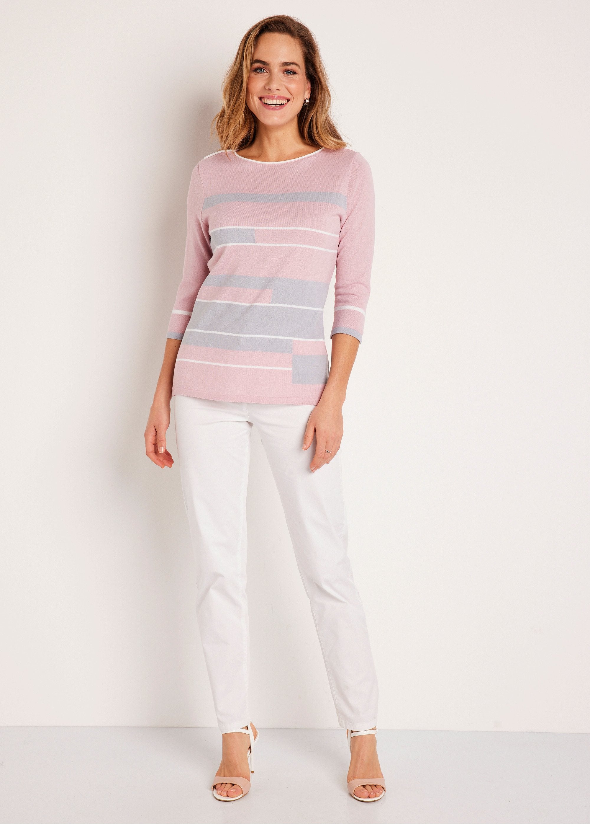 3/4_sleeve_boat_neck_sweater_with_striped_jacquard_front_Pink_and_gray_SF1_slim
