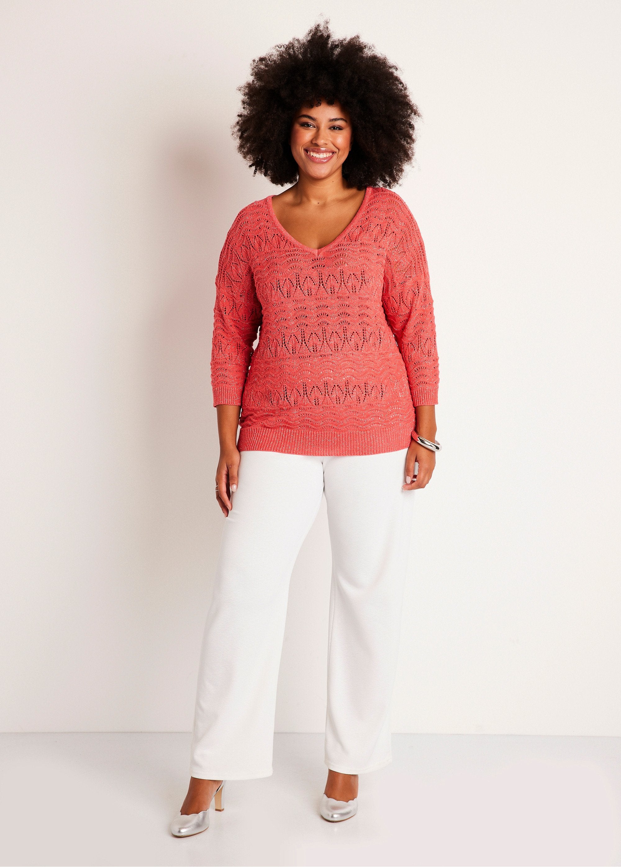 3/4_sleeve_openwork_pattern_V-neck_sweater_Coral_SF1_curvy
