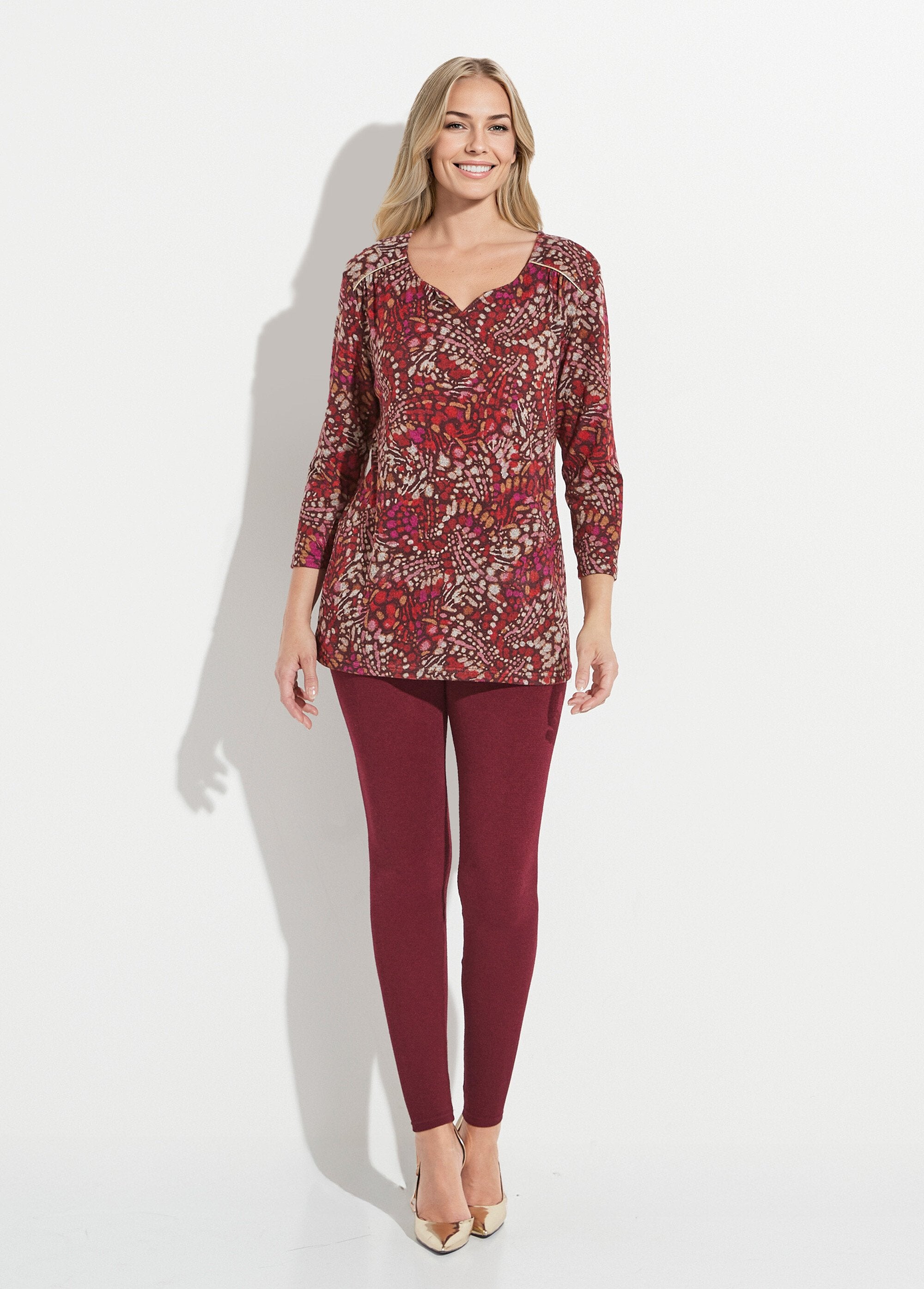 Long_flared_t-shirt_with_3/4_sleeves_and_tachist_print_Bordeaux_and_pink_SF1_slim