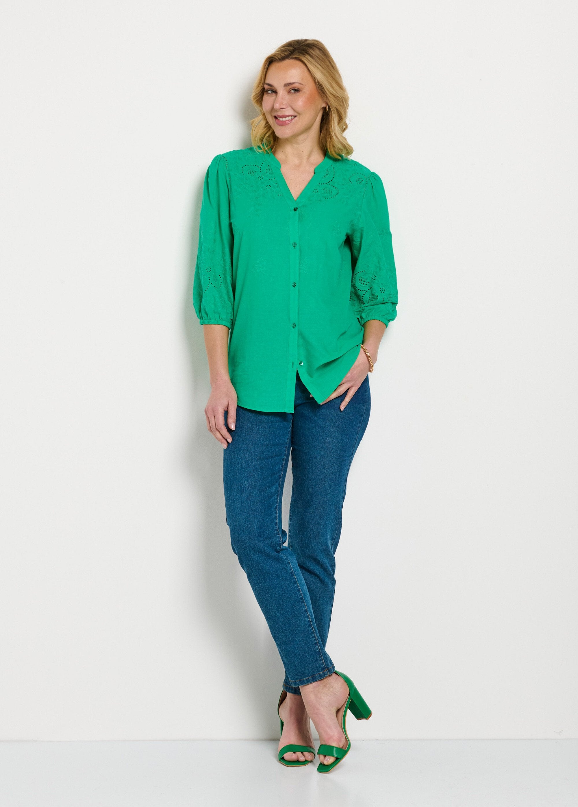 Long_embroidered_cotton_blouse_with_3/4_sleeves_Green_SF1_slim