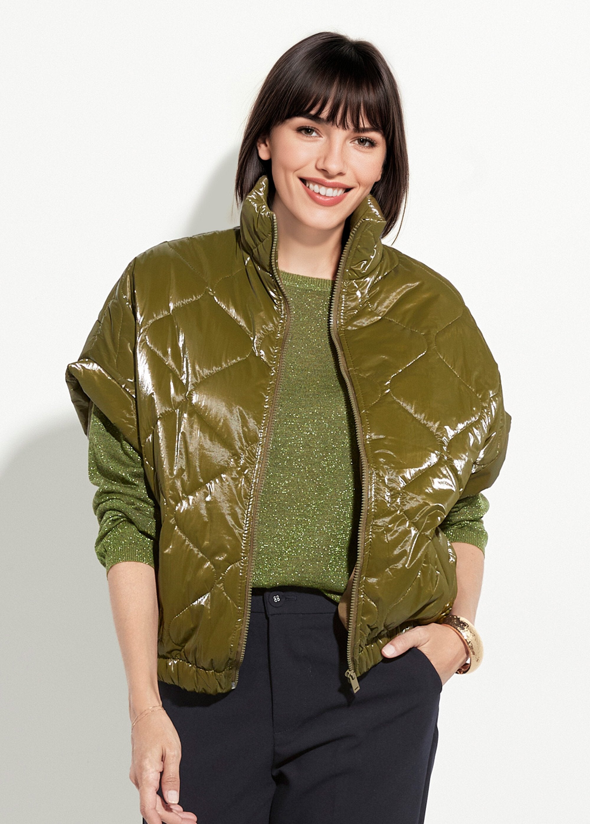 Shiny_sleeveless_zip-up_down_jacket_Khaki_FA1_slim