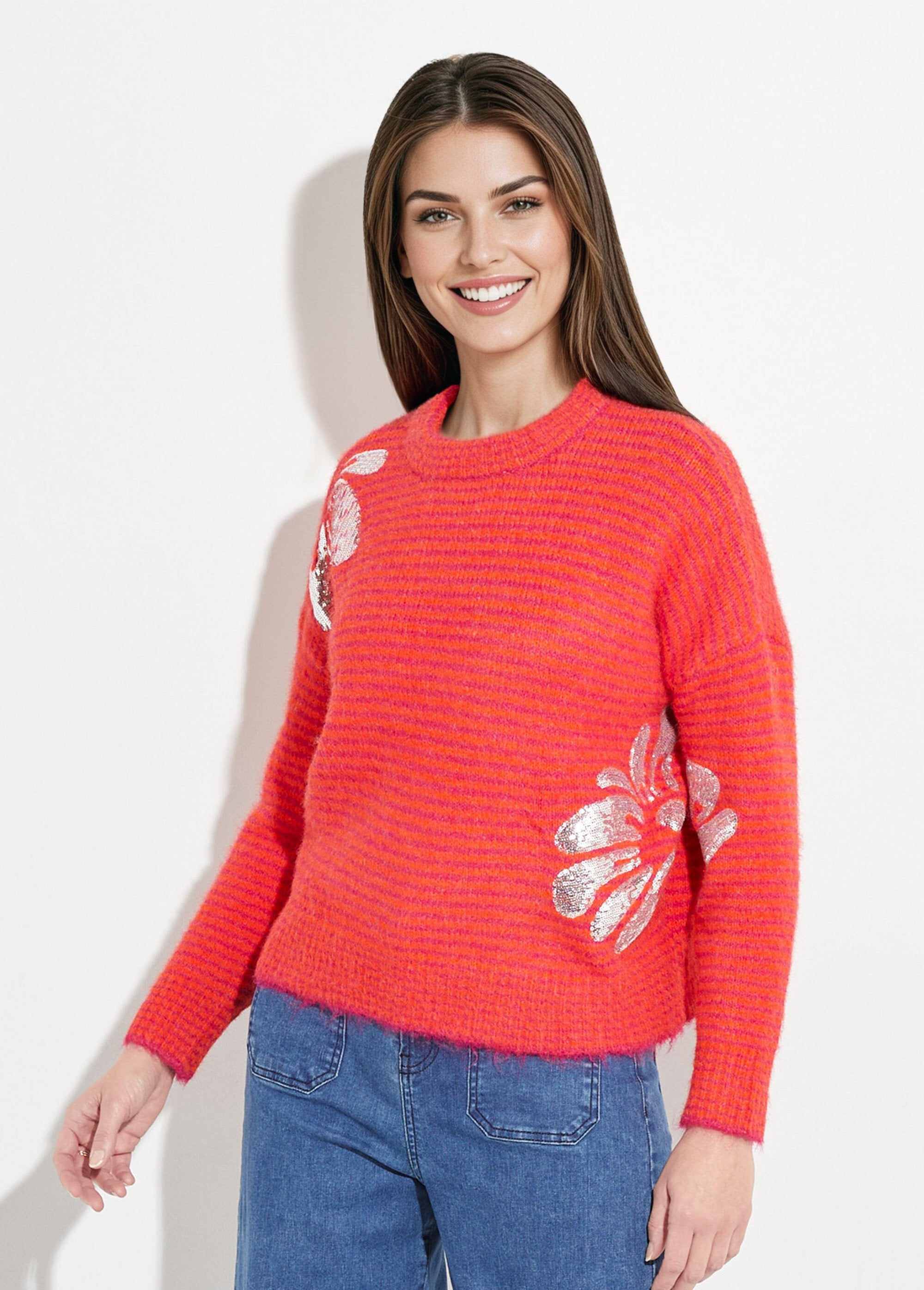 Pull_chaud_rayé_avec_laine,_motifs_fleur_Rose_et_orange_FA1_slim