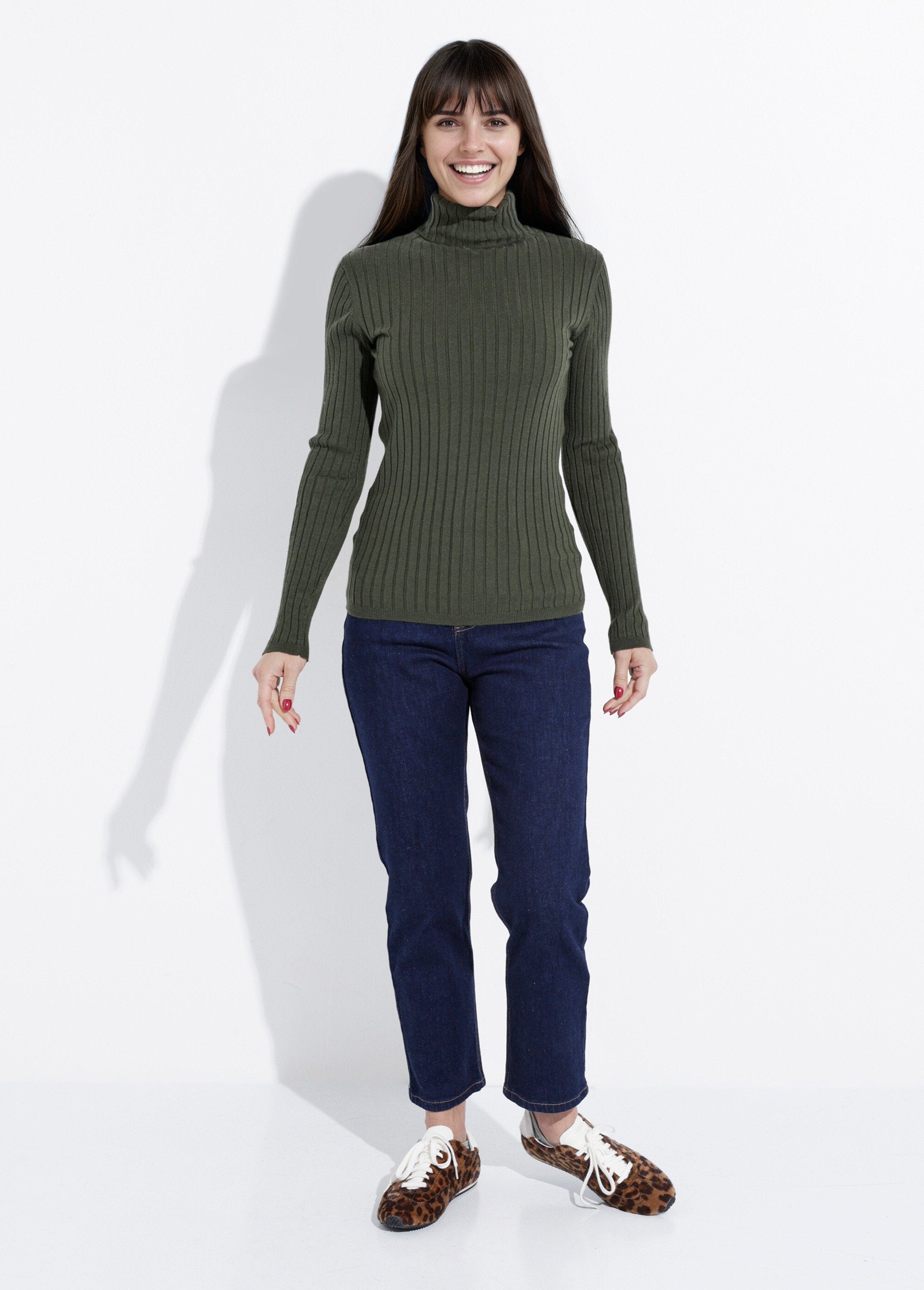Pull_col_roulé_fin,_mailles_plates_Kaki_SF1_slim