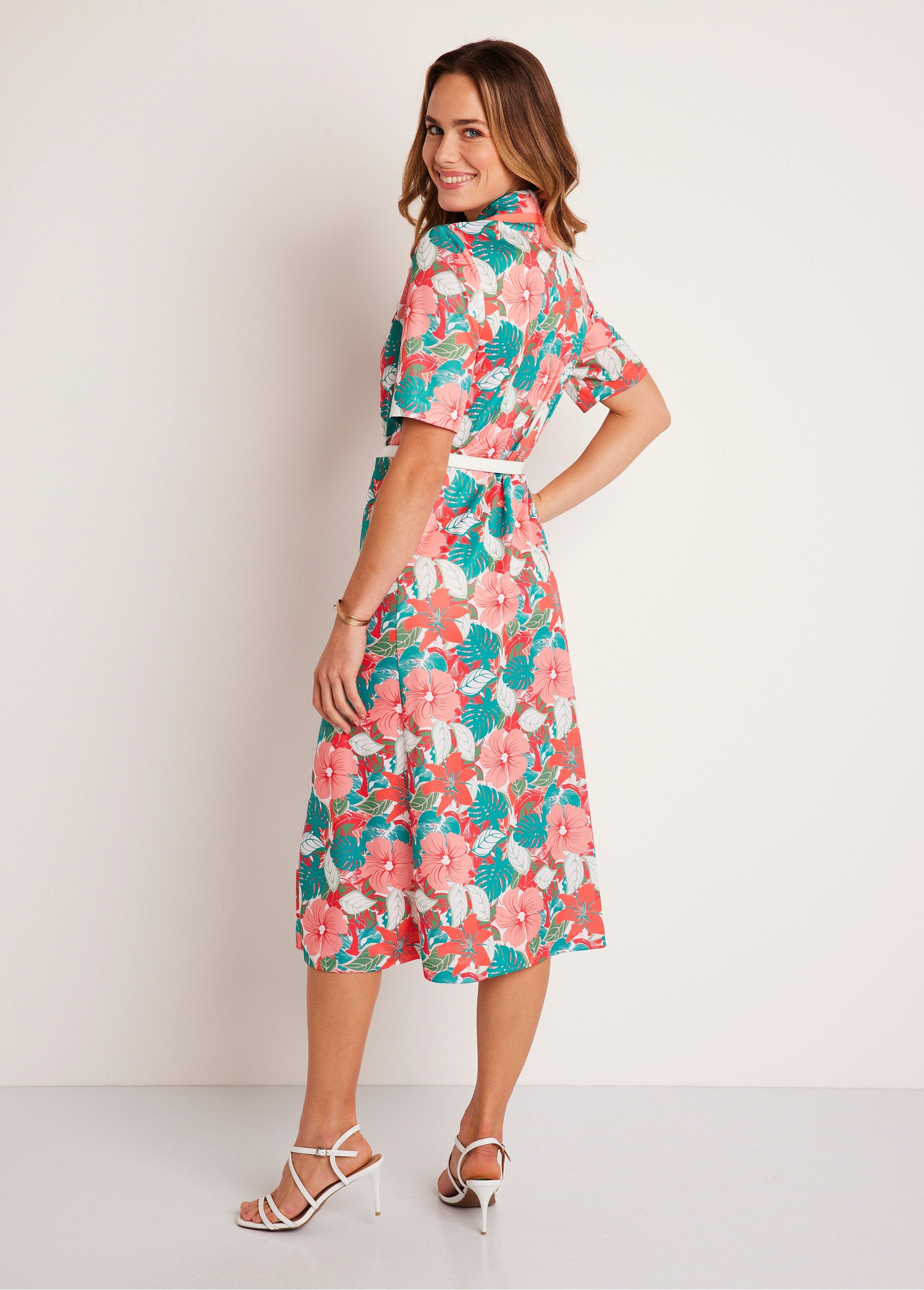 Floral_buttoned_mid-length_straight_dress_Green_and_pink_DO1_slim