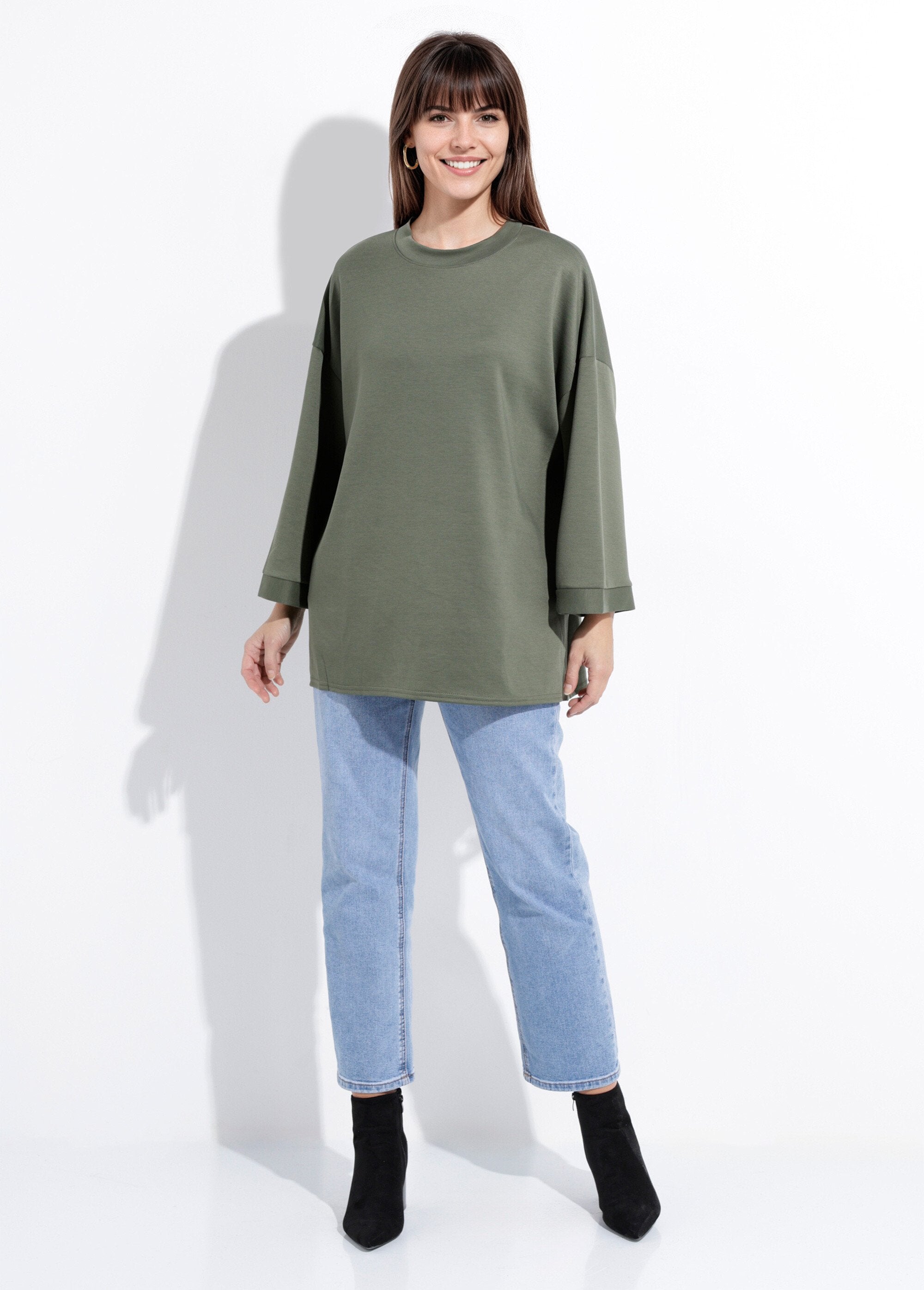Wide_round_neck_sweatshirt,_3/4_sleeves_Khaki_SF1_slim