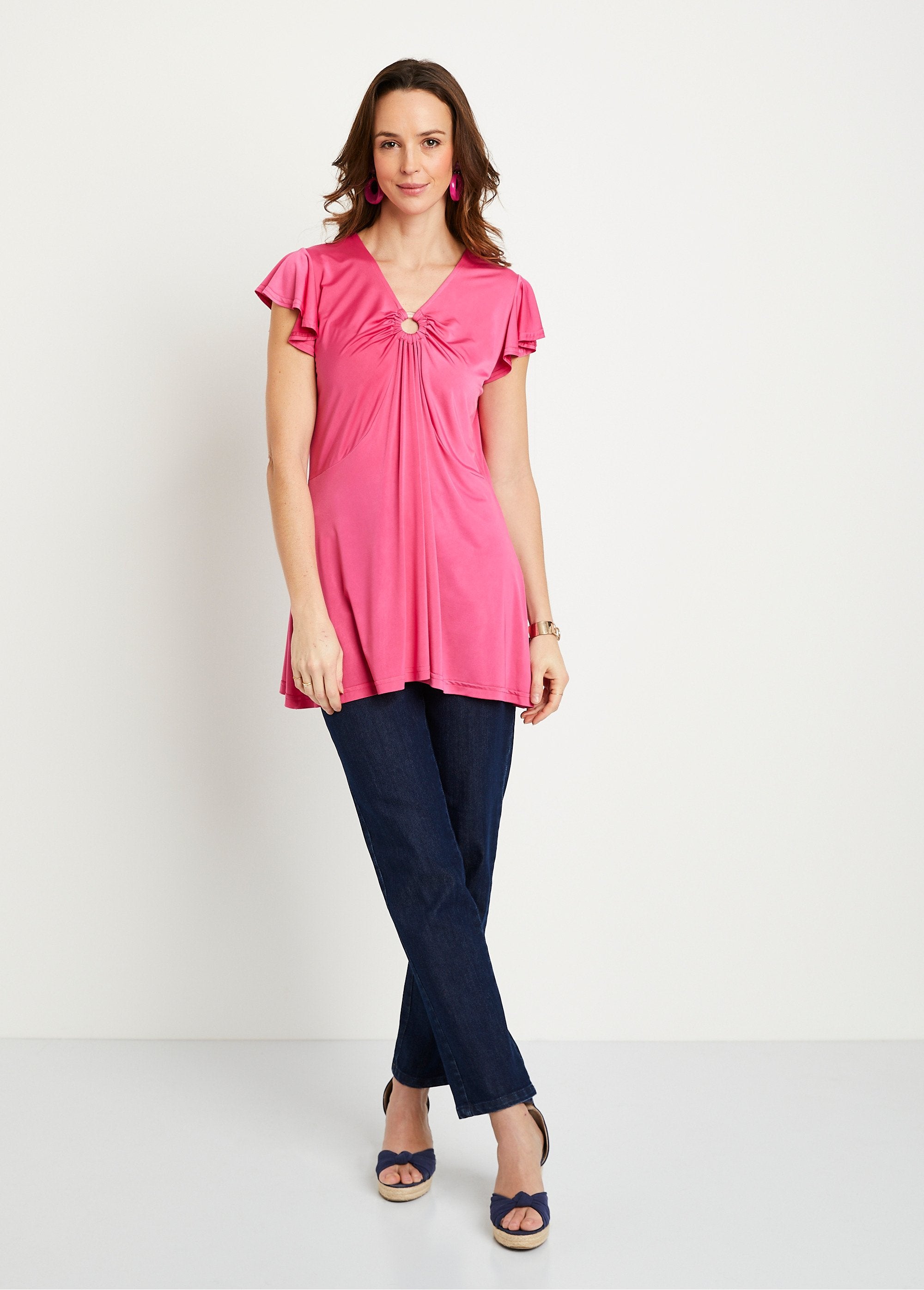 Long_flared_draped_V-neck_t-shirt_Plain_fuchsia_SF1_slim