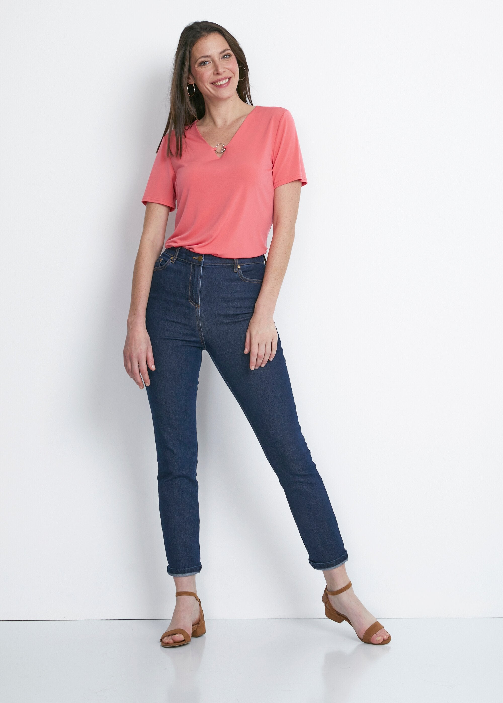 Plain_or_printed_short-sleeved_T-shirt_Plain_coral_SF1_slim